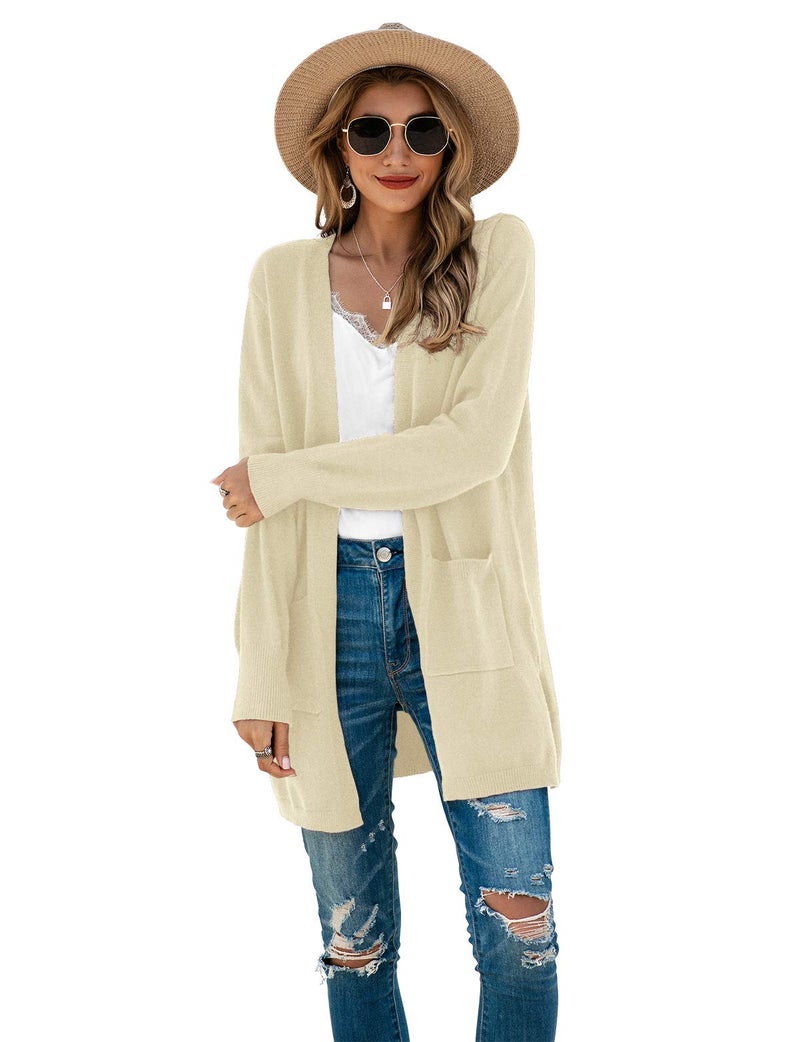 TASAMO Women's Long Sleeve Soft Sweater Open Front Cardigan Outwear with Pockets (Medium,Beige) - Image 4